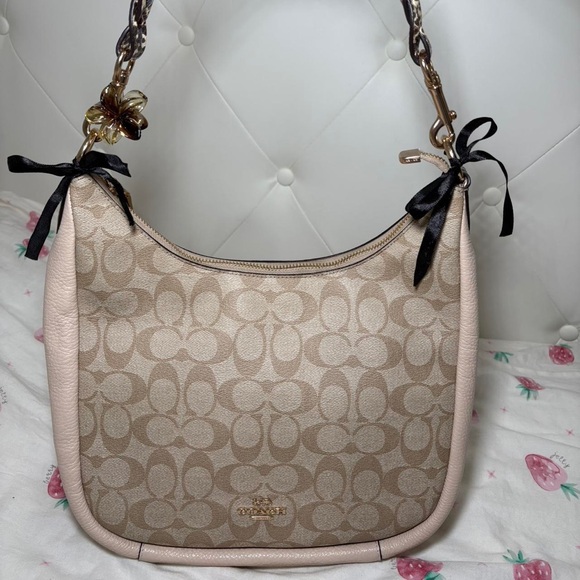 Coach Tan Signature Shoulder Bag with Black Accents